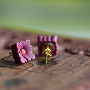 Flower Stud Earrings Dark Raspberry or Bright Orange Square Flower Earrings Deep Ruby Amber Yellow Ear Studs Simple Flower Jewelry E322 image 2