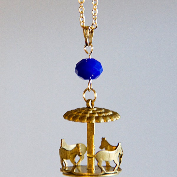 Carousel Necklace Blue Bead Merry Go Round Necklace Carnival Jewelry Vintage Inspired Carousel Horses - N298