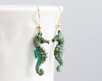Patina Seahorse Earrings Verdigris Seahorse Ocean Animal Jewelry Sea Inspired Ocean Nautical Seahorse Dangles Summer Beach Jewelry - E240