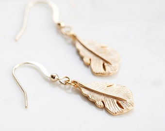 Feather Charm Earrings Gold Feather Dangle Earrings Delicate Feather Earrings Simple Feather Jewelry - E164