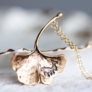 Ginkgo Leaf Necklace Mothers Day Gift Antiqued Matte Gold Plated Autumn Leaf - N128