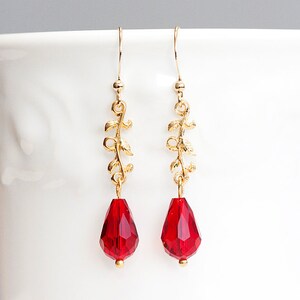 Gold Leaf Drop Earrings – Ruby Red Crystal Teardrop Dangle - E229