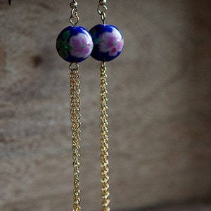 Floral Bead Chain Earrings Vintage Ceramic Beads Blue Pink Floral Earrings Unique Extra Long Earrings E260 image 2