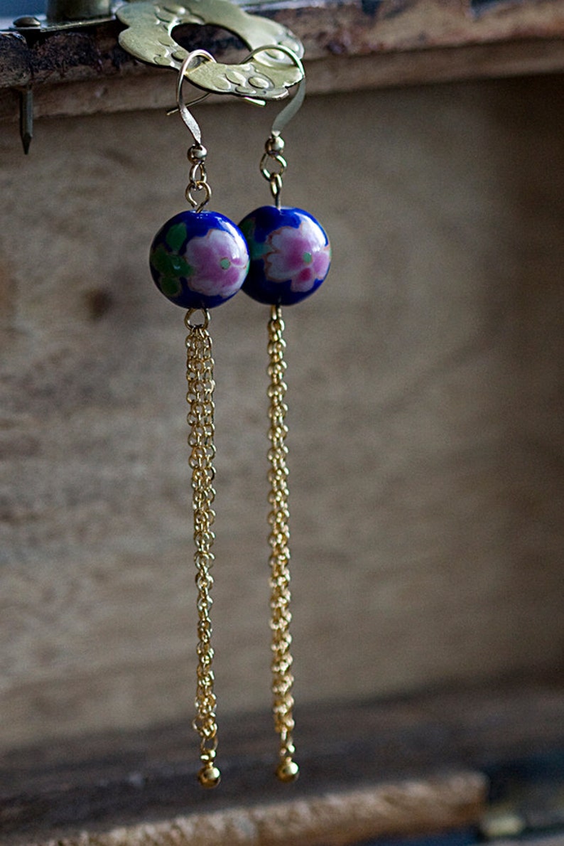 Floral Bead Chain Earrings Vintage Ceramic Beads Blue Pink Floral Earrings Unique Extra Long Earrings E260 image 2