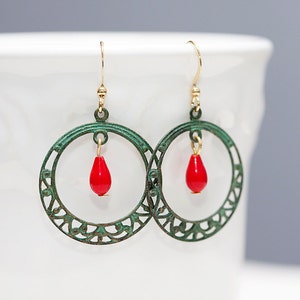 Patina Hoop Red Drop Earrings Verdigris Filigree Hoop Earrings Rustic Patina Earrings Verdigris Jewelry E100 image 2