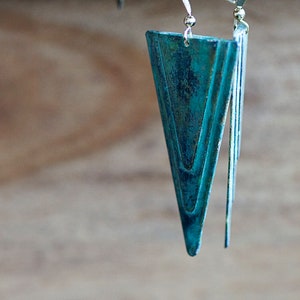 Patina Triangle Earrings Verdigris Turquoise Geometric Earrings Rustic Green Retro Charm Long Dangles E264 image 2