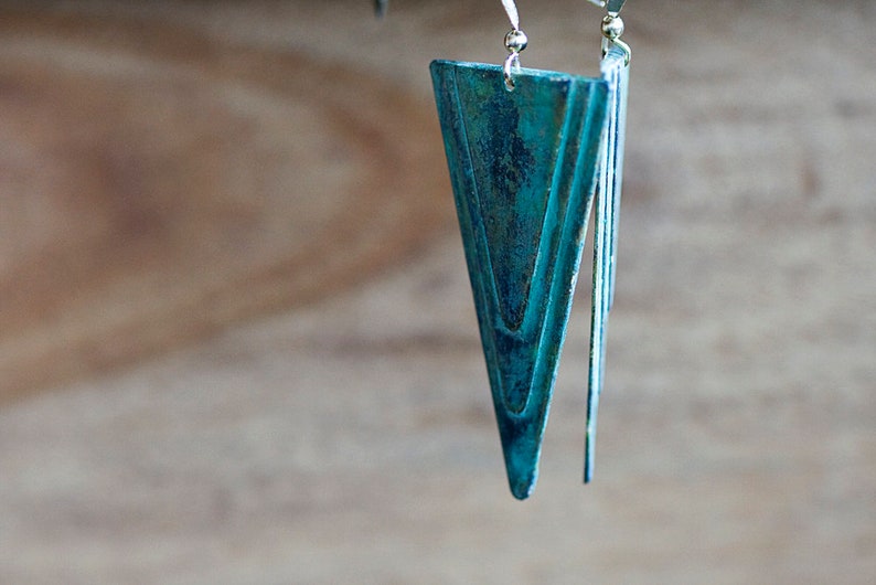 Patina Triangle Earrings Verdigris Turquoise Geometric Earrings Rustic Green Retro Charm Long Dangles E264 image 2