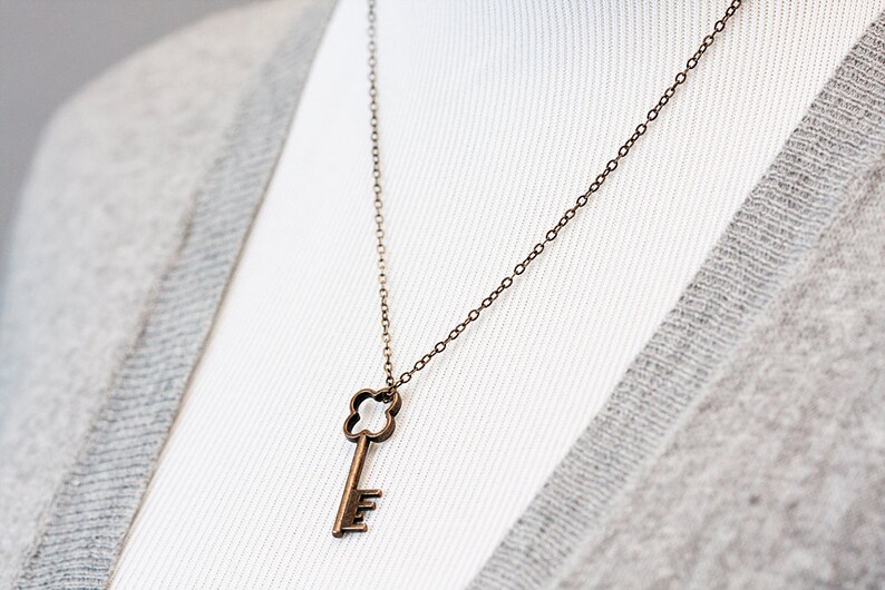 Simple Key Necklace Back to School Shamrock Key Pendant Four Leaf Clover Key Charm Skeleton Key Necklace N172 image 3