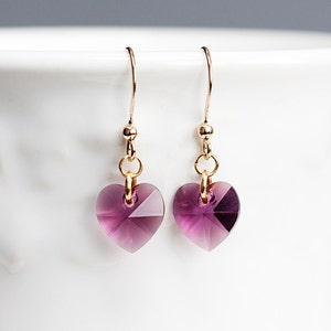 Purple Crystal Heart Earrings Swarowski Crystal Earrings Tiny Heart Dangle Simple Delicate Earrings E137 image 3