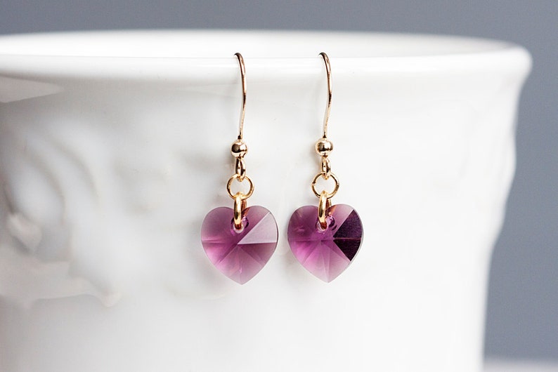 Purple Crystal Heart Earrings Swarowski Crystal Earrings Tiny Heart Dangle Simple Delicate Earrings E137 image 3