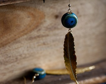 Blue Bead Feather Earrings Boho Peacock Ceramic Beads Long Feather Dangle Bohemian Earrings - E256