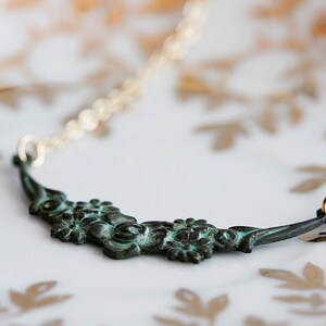 Verdigris Patina Floral Necklace - Art Deco Gold Filled Chain - N088