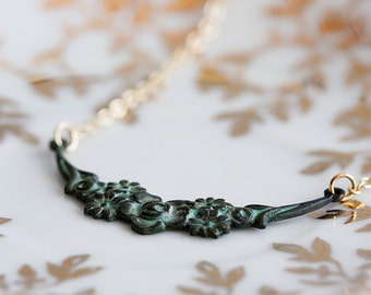 Art Deco Patina Necklace Gold Filled Chain Patina Floral Necklace Verdigris Patina Jewelry - N088