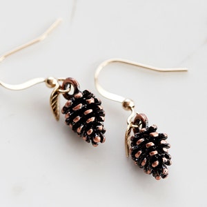 Tiny Leaf Pine Cone Earrings Christmas Gold Minimal Leaves Antiqued Copper Brown Pinecone Nature Woodland E188 image 2