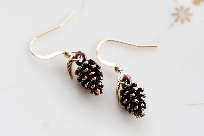 Tiny Leaf Pine Cone Earrings Christmas Gold Minimal Leaves Antiqued Copper Brown Pinecone Nature Woodland E188 image 2