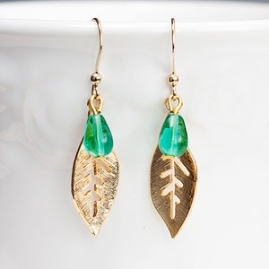 Mint Drop Leaf Earrings Gold Leaf Green Teardrop Earrings Simple Leaf Dangle Earrings Nature Jewelry E185 image 4