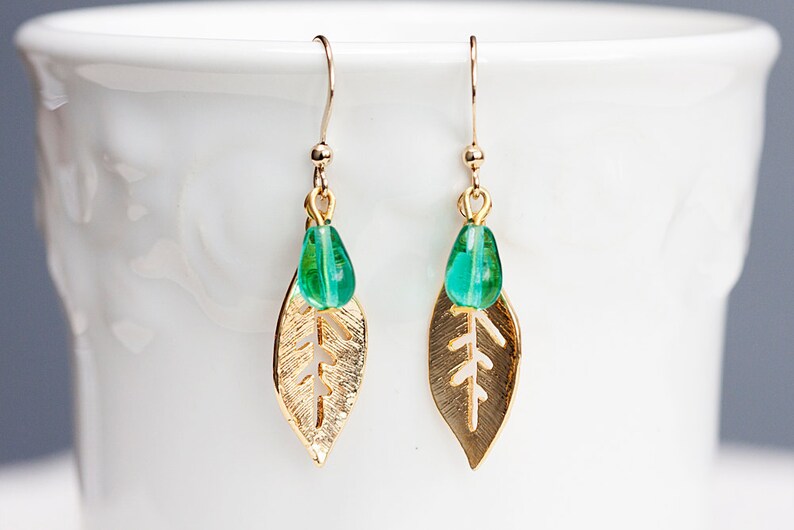 Mint Drop Leaf Earrings Gold Leaf Green Teardrop Earrings Simple Leaf Dangle Earrings Nature Jewelry E185 image 4