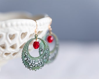 Verdigris Hoop Floral Earrings Patina Earrings Green Hoop Red Bead Earrings - E348