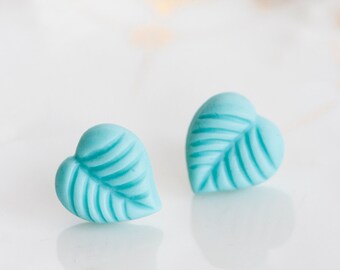 Baby Blue Leaf Studs Aqua Leaf Earrings Sky Blue Ear Studs Fresh Summer Beach Earrings - E238