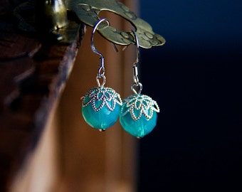 Aqua Faceted Crystal Earrings Green Round Drop Earrings Fresh Spring Green Dangle Sterling Silver Earrings - E299