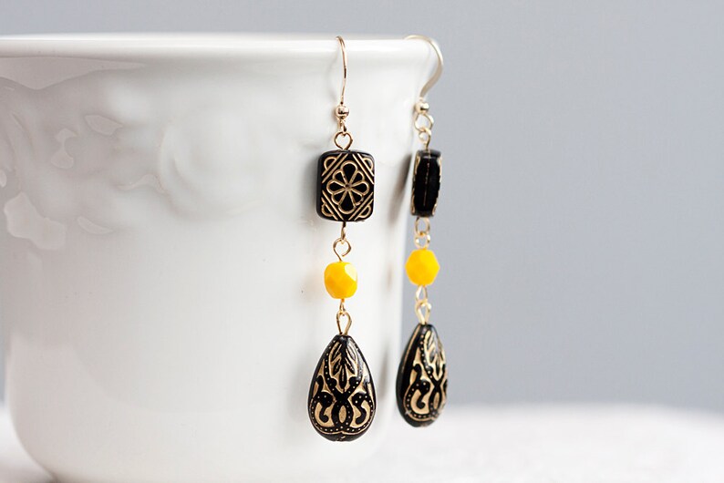 Black Floral Beaded Earrings Etched Bead Black Earrings Yellow Bead Bohemian Earrings Black Jewelry E144 image 4