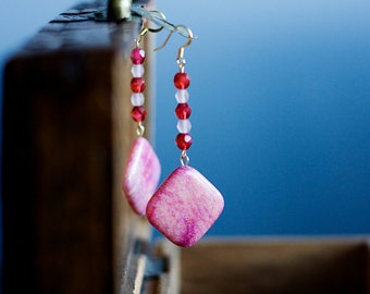 Magnesite Pink Earrings White Red Beaded Magnesite Earrings Square Beads Dangle Earrings - E294