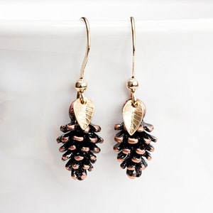 Tiny Leaf Pine Cone Earrings Christmas Gold Minimal Leaves Antiqued Copper Brown Pinecone Nature Woodland E188 image 4
