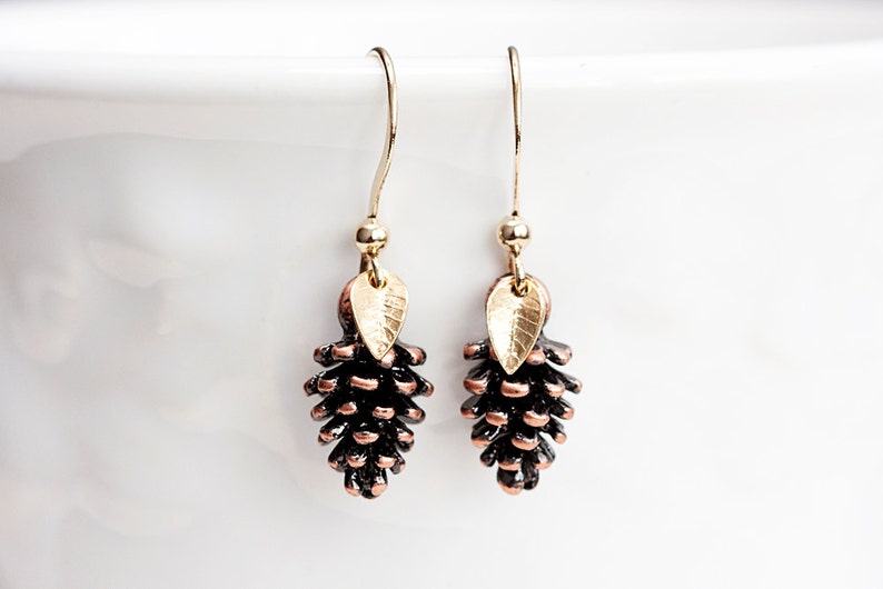 Tiny Leaf Pine Cone Earrings Christmas Gold Minimal Leaves Antiqued Copper Brown Pinecone Nature Woodland E188 image 4