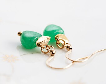 Boucles d’oreilles Green Heart Tiny Gold Leaf Mint Aventurine Stone Earrings Jungle Green Gemstone Bijoux - E210