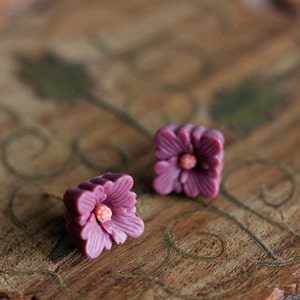 Flower Stud Earrings Dark Raspberry or Bright Orange Square Flower Earrings Deep Ruby Amber Yellow Ear Studs Simple Flower Jewelry E322 image 5