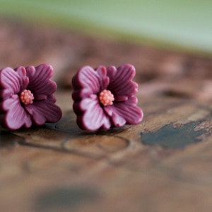 Flower Stud Earrings Dark Raspberry or Bright Orange Square Flower Earrings Deep Ruby Amber Yellow Ear Studs Simple Flower Jewelry E322 image 1