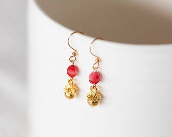 Acorn Earrings Red Faceted Beads Acorn Dangle Earrings Oak Tree Nut Earrings Coral Pink Beads Earrings Nature Lover Mother's Day Gift - E397