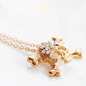 Crystal Skull Necklace Gold Skull Charm Necklace Halloween Skull Jewelry Crossbones Gothic Skull Jewellery N199 image 1