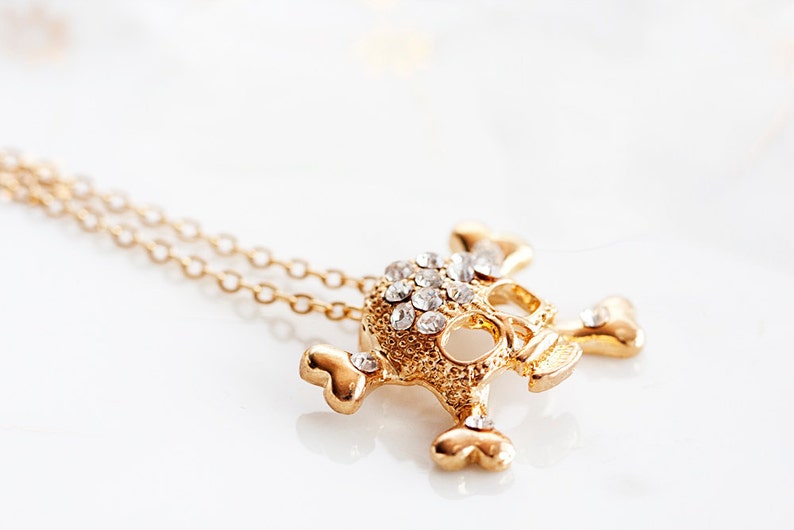 Crystal Skull Necklace Gold Skull Charm Necklace Halloween Skull Jewelry Crossbones Gothic Skull Jewellery N199 image 1