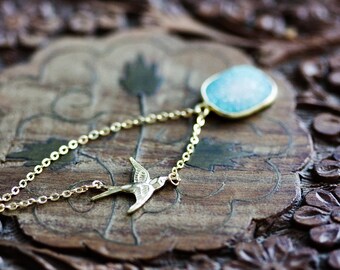 Blue Druzy Necklace Aqua Quartz Stone Swallow Necklace Flying Bird Crystal Druzy Jewelry - N349