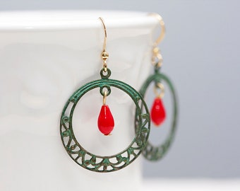 Patina Hoop Red Drop Earrings Verdigris Filigree Hoop Earrings Rustic Patina Earrings Verdigris Jewelry - E100