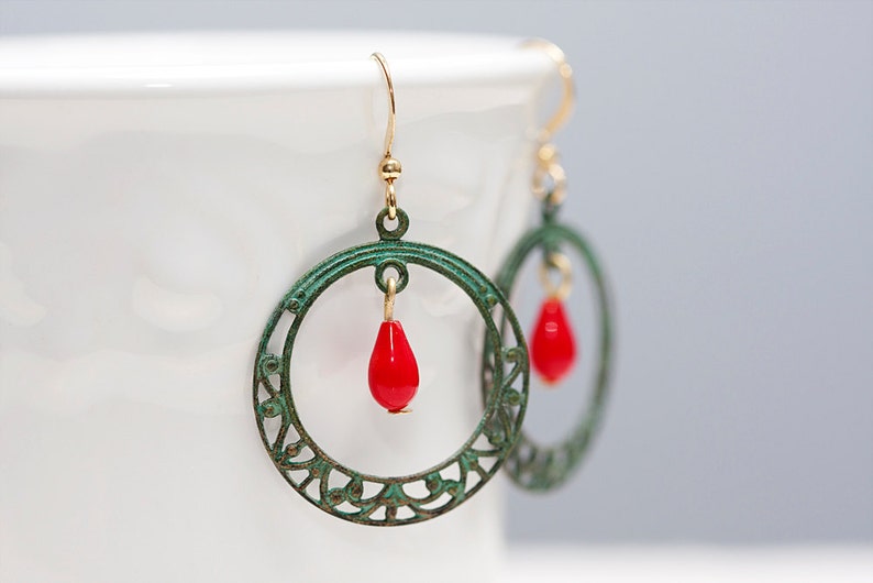 Patina Hoop Red Drop Earrings Verdigris Filigree Hoop Earrings Rustic Patina Earrings Verdigris Jewelry E100 image 1