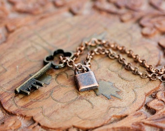 Key Lock Necklace Tiny Lock Charm Four Leaf Clover Key Necklace Shamrock Key Skeleton Key Jewelry - N338