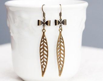 Tiny Bow Long Leaf Earrings Skeleton Leaves Antiqued Sweet Bow Earrings Bohemian Feather Jewelry - E192