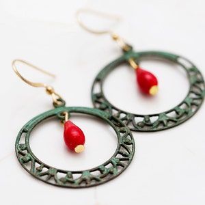 Patina Hoop Red Drop Earrings Verdigris Filigree Hoop Earrings Rustic Patina Earrings Verdigris Jewelry E100 image 3