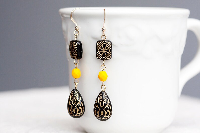 Black Floral Beaded Earrings Etched Bead Black Earrings Yellow Bead Bohemian Earrings Black Jewelry E144 image 3