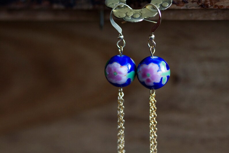 Floral Bead Chain Earrings Vintage Ceramic Beads Blue Pink Floral Earrings Unique Extra Long Earrings E260 image 5