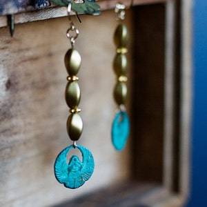 Scarab Dangle Earrings Patina Egyptian Scarab Charms Twisted Golden Beads Long Earrings - E290