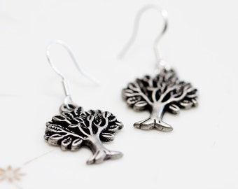 Tree Earrings Antiqued Silver Tree Pendant Sterling Silver Earrings Tree Of Life Jewelry - E086