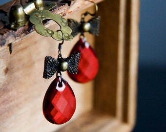 Brown Bow Red Drop Earrings Bronze Bow Filigree Faceted Drop Raspberry Red Bow Earrings Ruby Red Jewelry - E297