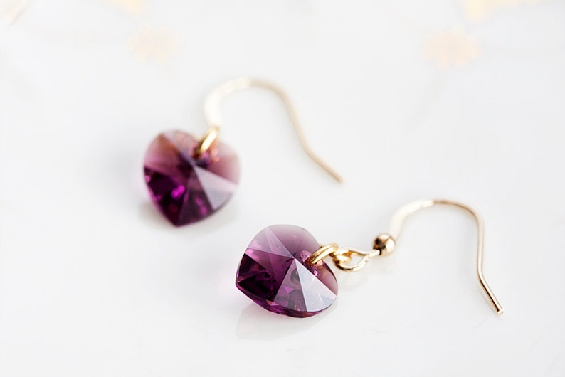 Purple Crystal Heart Earrings Swarowski Crystal Earrings Tiny Heart Dangle Simple Delicate Earrings E137 image 1