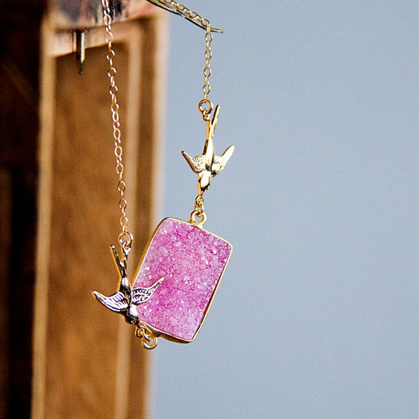 Pink Quartz Druzy Necklace Pink Druzy Stone Swallow Necklace Gold Filled Chain Crystal Druzy Jewelry - N303