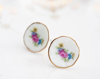 Porcelain Flower Stud Earrings Pastel Tea Set Saucer Floral Ear Posts Tea Party Porcelain Ear Studs - E174