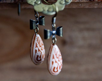 Floral Drop Bow Earrings Orange Bohemian Earrings Tiny bowtie Peach Teardrop Earrings Boho Chic - E244