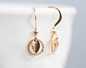 Circle Tiny Leaf Earrings Little Leaves Earrings Gold Leaf Tiny Earrings Leaf Jewelry Nature Inspired - E126